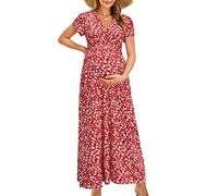 OUGES Abito da Donna Maxi premaman estivo, Abito da allattamento con scollo a V, per Donne incinte a Maniche Corte, Rosso Bianco Floreale, M