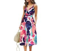OUGES Abito da Festa Corto Floreale con Scollo a V Manica Corta Estiva da Donna con Tasche(Floral25,XL)