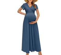 OUGES Maxi Abito premaman avvolgente con scollo a V per Baby Shower Abiti da gravidanza per servizio fotografico, Manica Corta Grigio BLU, XL