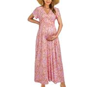 OUGES Robe de Maternité Maxi été Manches Courtes Cache-cœur Mol V Robes de Grossesse Pour Séance Photo-M