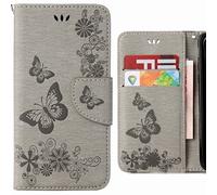 Ougger Funda Samsung Galaxy A6 (2018) Carcasa Cuero Tapa Piel Billetera Magnética Protector TPU Suave Silicona Flip Cover Carcasa Galaxy A6 2018 con Ranura para Tarjetas, Mariposa Tira (Gris)