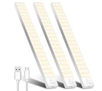 OUILA Luz LED Armario con Sensor Movimiento 3000K 60 LEDs 4 Modos Luz LED Adhesiva Magnética 1500mAh USB Recargable Luz Nocturna para Cocina, Armario, Escaleras, Pasillo, Garaje-3 Packs