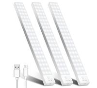 OUILA Luz LED Armario con Sensor Movimiento 5000K 60 LEDs 4 Modos Luz LED Adhesiva Magnética 1500mAh USB Recargable Luz Nocturna para Cocina, Armario, Escaleras, Pasillo, Garaje-3 Packs Blanco Natural