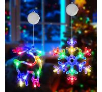 OUILA RGB LED iluminación navideña, copos de nieve y alces, decoración navideña para ventana, iluminada con ventosas y temporizador, cadena de luces de Navidad para interior