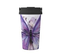OUInbvv Taza de café aislada portátil con diseño de mariposa y pintura al óleo morada con mango oculto, base antideslizante, diseño a prueba de fugas, adecuada para coche, oficina y uso doméstico
