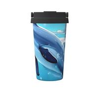 OUInbvv Winter the Dolphin - Taza de café portátil aislada con asa oculta, base antideslizante, diseño a prueba de fugas, adecuada para coche, oficina y uso doméstico