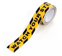 Ouitble Cinta adhesiva antideslizante "Watch Your Step", 5 m x 48 mm, cinta adhesiva de seguridad abrasiva de PVC, cinta antideslizante, color amarillo y negro, superficie de arena de cuarzo para