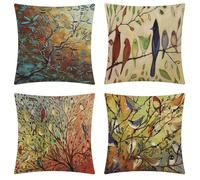 Oujkeef Fundas Cojines 50x50cm,Juego de 4 Fundas de Cojines Modernas Lino Decorativa Hogar Almohadas Fundas para Sala Sofá Cama Decoración para Hogar Pájaro Colorido del árbol