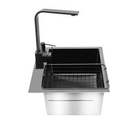 OUKANING Juego completo de fregadero, fregadero de cocina de acero inoxidable con grifo y accesorios, empotrable, 41 x 30,5 cm, negro, nanorrevestido, protección contra salpicaduras, antiolores
