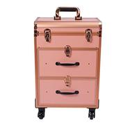 OUKANING Maletín de maquillaje con ruedas, 40 compartimentos+2 cajones, capacidad de carga de 50 kg, 4 ruedas universales y cerraduras, para maquillaje, suministros de peluquería, bajo ruido, dorado