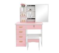 OUKANING Tocador con espejo y taburete, 5 cajones + 3 compartimentos abiertos + 3 compartimentos ocultos, mango de madera maciza resistente al agua, ahorra espacio, para dormitorio, vestidor (rosa)