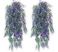 OUKEYI 4 paquetes de plantas de lavanda artificiales colgantes artificiales resistentes a los rayos UV, flores de lavanda falsas para colgar en interiores y exteriores, decoraciones colgantes (morado)