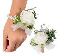 OUKEYI Juego de 2 ramilletes de muñeca de flores de rosa, juego de ramillete artificial hecho a mano, pulsera de flores de mano para novia y boutonniere para hombre, decoración de boda, fiesta de
