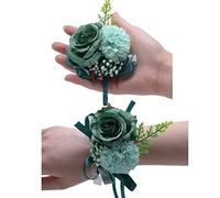 OUKEYI Juego de 2 ramilletes de muñeca de rosas para hombres, ramillete de rosas blancas para mujeres, novia, dama de honor, ramillete de muñeca para boda, fiesta, graduación (verde oscuro)