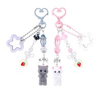 Ouligay 2 llaveros Y2k con diseño de gato de peluche, llavero de gato con corazón y estrella para amantes de los gatos, novia, mujer, Rosa Gris, 13 cm