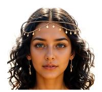 Ouligay Cadena de cabeza dorada, joyería egipcia, tocado gitano, diadema de disfraz para festival, accesorio diario para el cabello