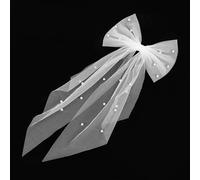 Ouligay JGA Velo de novia blanco corto con perlas y lazo, velo con pasador para el pelo, elegante accesorio para el cabello para despedida de soltera, despedida de soltera, boda