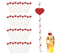 Ouliget Pajitas desechables en forma de corazón para el día de San Valentín, pajitas de papel rojo con diseño de rayas, juego de pajitas desechables para parejas, suministros de decoración de bodas,