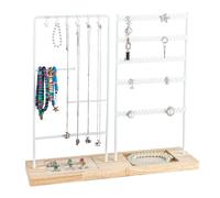 OulQinyhome Organizador de Joyas con Base de Madera Expositor de Metal Blanco a Doble Cara para Collares Pendientes Pulseras y Anillos Soporte Joyero Decorativo Idea de Regalo Mujer