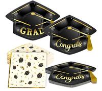 OuMuaMua Juego de vajilla de suministros para fiesta de graduación, 100 platos y servilletas de papel en forma de gorra de graduación para clase de 2025, felicitaciones de escuela secundaria