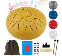 Oun Nana Tambores musicales de lluvia para jardín exterior, tambor de lengua de acero de 11 notas de 6 pulgadas para adultos y niños, instrumentos de terapia de sonido con libro de música, baquetas de