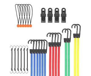 Ounfhtrttk Juego de 30 Cuerdas Elásticas Premium Surtidas en Frasco con 4 Clips, 6 Cuerdas Elásticas con Bola, Cuerda de Diferentes Grosores para Acampar.
