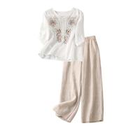 ounge Wear - Conjunto de pijama de lino y algodón para mujer, conjunto de camiseta de gran tamaño, elegantes blusas bordadas y cordón elástico en la cintura y pantalones de pierna ancha, trajes de 2