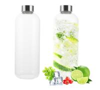 Oungy 2 botellas de cristal de 1 litro, 1 l, juego de 2 botellas de cristal de 1 l, de vidrio de borosilicato, con funda de neopreno, 1000 ml/35 oz, botella de agua grande, apta para lavavajillas