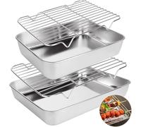 Oungy 4 bandejas para asar con estante, bandeja de acero inoxidable de 2 pulgadas de profundidad con estante de alambre de refrigeración, bandeja antiadherente de 9 y 12 pulgadas con estante, apta
