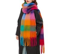 OUNIYA Bufanda grande y gruesa a cuadros coloridos de gran tamaño, suave lana de cachemira gruesa para invierno, manta cálida para mujer, Arco iris, Large