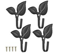 OUNONA 4 Ganchos de Pared de Hierro Forjado Negro Diseño Vintage de Hojas, Ganchos Decorativos para Colgar Abrigos, Sombreros, Bolsos y Toallas, Perchas de Pared Multifuncionales