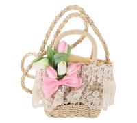 OUNONA Bolso Tote de Paja con Tulipanes y Encaje, Tejido a Mano con Cuerda de Algodón, Estilo Artístico Romántico para Viajes y Uso Diario