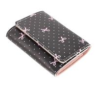 OUNONA Cartera Pequeña Negra de Lunares con Lazo Rosa, Monedero Triple de Piel Sintética PU, 5 Ranuras para Tarjetas, 1 Ventana Identificación y Compartimento para Billetes, Adecuado