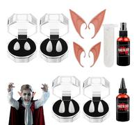 OUOQI Dentadura Postiza Halloween,Orejas de Elfo Falso,Dientes Vampiro,4 Pares Dientes de Vampiros, 2 Pares Orejas de Elfo,con 1 Tubo Adhesivo Pellets Dientes,para Fiesta Halloween Cosplay