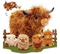 OUOZZZ Vaca de Las Tierras Altas Juguetes de Peluche 26cm, Animales de Peluch de Vaca de Las Tierras Altas con 4 Bebés en el Vientre - Regalo para Niñas Niños Bebés y Pequeños