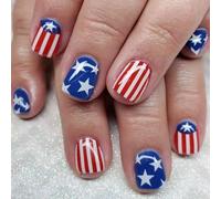 our fave 24 uñas postizas patrióticas del 4 de julio, uñas postizas cuadradas cortas acrílicas con forma de estrella, día de la independencia