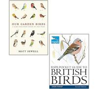 Our Garden Birds By Matt Sewell, RSPB Pocket Guide to British Birds By Simon Harrap 2 Books Collection Set