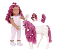 Our Generation Muñeca de 46 cm con potro, pelo fucsia y accesorios de peinado, perfecto para peinados creativos y aventuras imaginativas de caballos, Estra & Delta