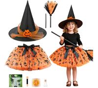 Ourdort Disfraz de Bruja de Halloween para Niñas, Disfraces de Calabaza, con Sombrero, Escoba, Pegatinas, Purpurina Fluorescente y Mini Botellas de Cristal para Halloween, Espectáculos y Cosplay