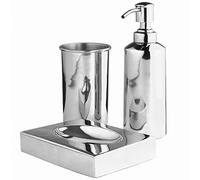 OurHouse Juego de organizador de baño de tres piezas, soporte para cepillo de dientes, dispensador de jabón y jabonera, colores elegantes, moderno y limpio, se adapta a cualquier baño (cromado)