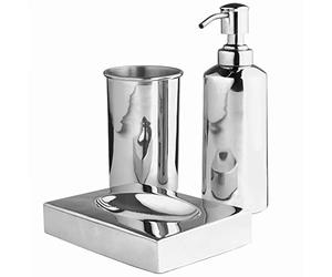 OurHouse Juego de organizador de baño de tres piezas, soporte para cepillo de dientes, dispensador de jabón y jabonera, colores elegantes, moderno y limpio, se adapta a cualquier baño (cromado)