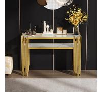 OurLeeme Mid-Century - Mesa auxiliar moderna para salón, 128 x 44 x 80 cm, cuerpo negro con patas doradas, doble capa de tablero de fibra de densidad media, carga máxima de 40 kg, color blanco