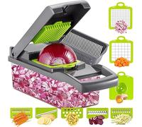 Ourokhome Cortador de verduras, cortador de frutas 12 en 1, cortador de mandolina, cortador de alimentos con 7 cuchillas de acero inoxidable, cortador ajustable con recipiente de almacenamiento