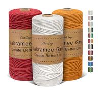 OurTop Hilo Macrame 3mm x 100m, Juego de 3 Cuerda Macrame Cordon Macrame Hilo de Macramé para Manualidades, Colgar de La Pared, Decoración Bohemia(Natural, Amarillo Dorado, Rojo)