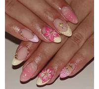 OuryTech 24 piezas de uñas postizas cortas, francesas, uñas falsas b | Uñas postizas francesas, uñas para pegar, forma almendra, flores 3D, brillo nacarado, para fiesta vacaciones cita