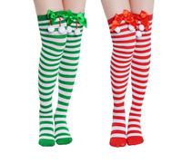 OuryTech calcetines a rayas, 2 pares disfraz de Calzaslargas para damas, calcetines a rayas, disfraz de carnaval, calcetines coloridos, calcetines hasta la rodilla con lazo, calcetines de