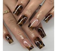 OuryTech Press On Nails Almendra, 24 Uñas Postizas para Pegar y Uñas Falsas, Press Ons Cortas Cuadradas con Estampado de Leopardo Marrón y Punta Francesa para Mujeres (Tipo D)