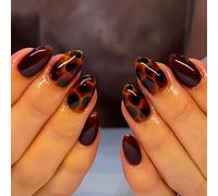 OuryTech Press On Nails Almond, 24 piezas de uñas postizas cortas ovaladas con diseño de leopardo, uñas acrílicas de gel artificial con adhesivo, kit de vacaciones para mujeres