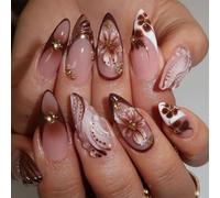 OuryTech Uñas Postizas Almendra, 24 Piezas de Uñas Artificiales para Pegar, Uñas Falsas Almendra con Diseño Floral 5D, Strass y Marrón Brillante para Mujeres (Tipo A)