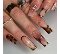 OuryTech Uñas Postizas Press On, 24 piezas de uñas artificiales adhesivas y uñas falsas, Cuadradas Brillantes con Perlas para Mujeres y Niñas (Tipo A)